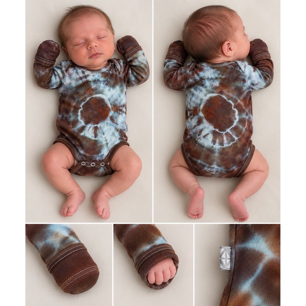 Kyte Baby Bodysuit Kids Newborn Brown Blue Tie Dye Bamboo Long Sleeve Mittens